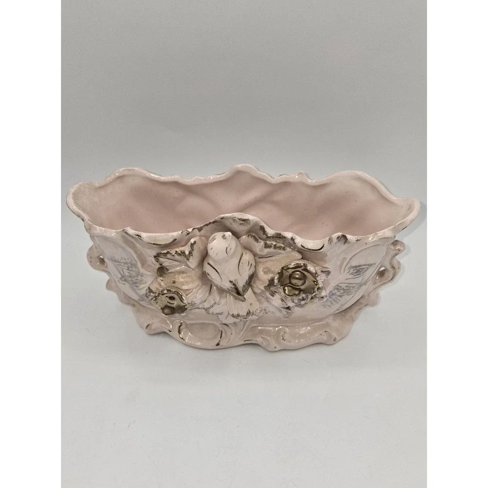 Vintage Pink Lusterware Planter Bird Floral Gold‎ Trim Ceramic Jardiniere 7